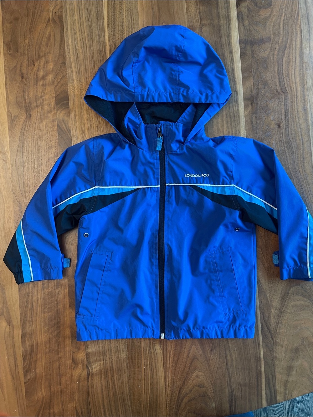 London Fog Bright Blue Hooded Kids Raincoat with Black Accents